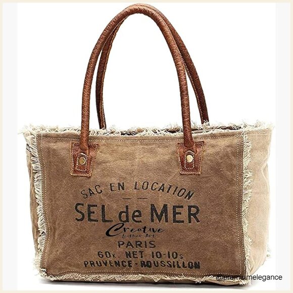 Handbags - Canvas Tote Bag with Leather Handles, Spacious 44L Capacity, Zipper Closure